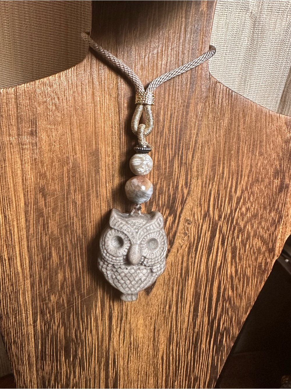 Alashan Agate Owl Pendant Necklace with Sunstone and Coral Fossil on Rope - Picture 8 of 12
